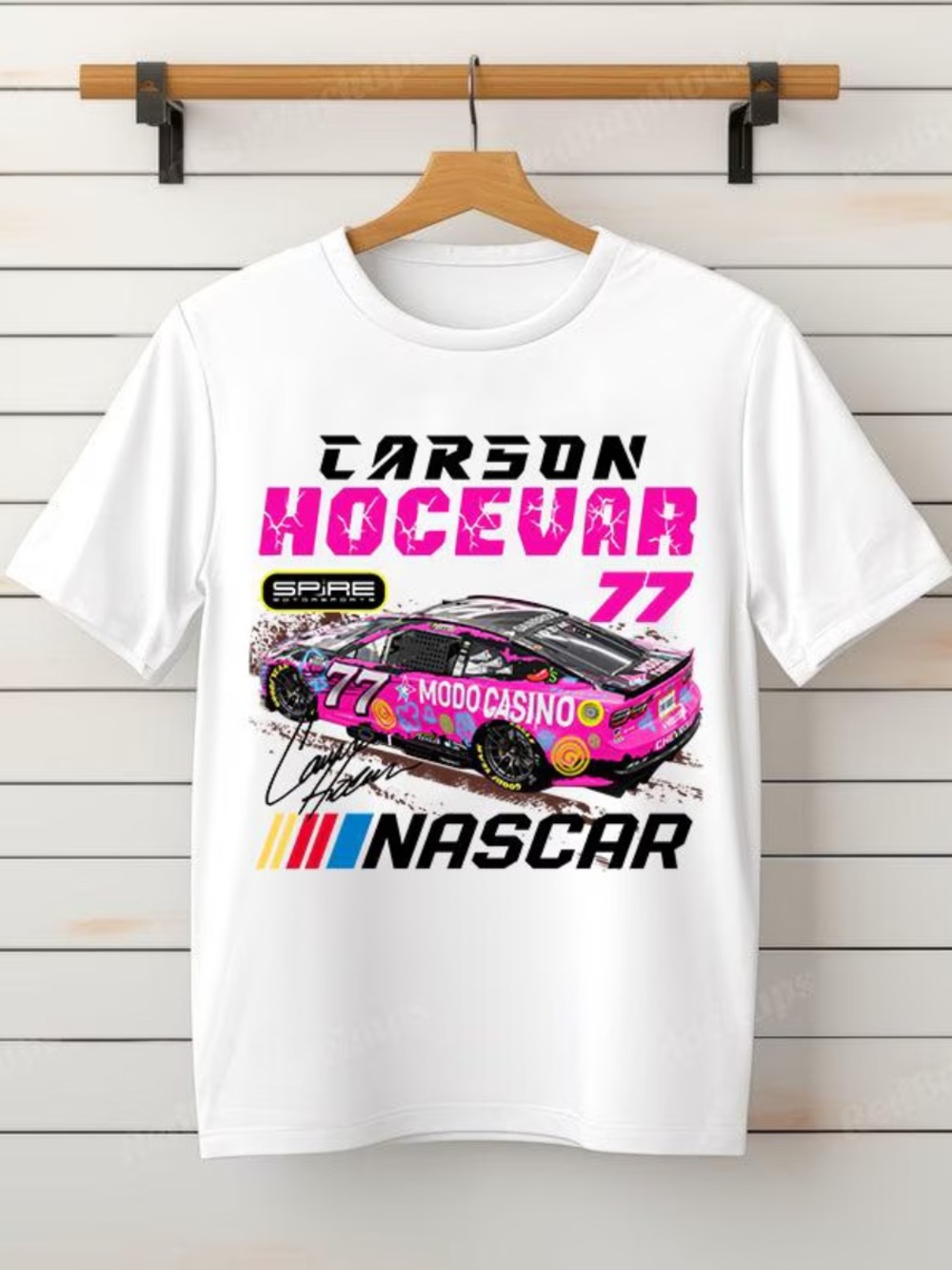 Carson Hocevar 77 NASCAR Tee, White Car Graphic T-Shirt, Gift For Racing Fans